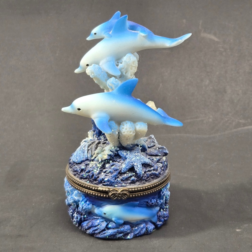 Vintage 2002 Direct Connection Dolphin Resin Trinket Box Nautical Ocean Decor